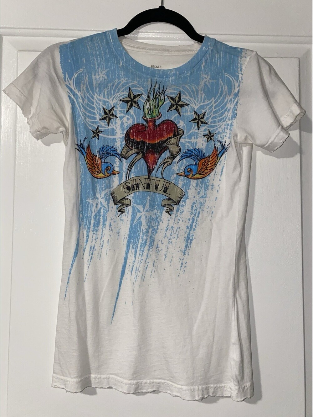 Sinful Heart & Dagger birds 100% cotton  vintage T-shirt white Burnout Style S